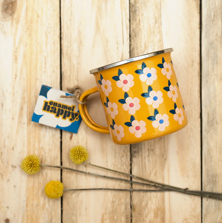 Enamel Happy Retrol Floral Mug- Honey Yellow